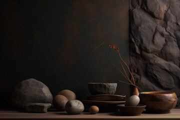 A table with bowls and bowls of rocks and a plant on it AI generation