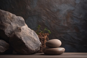 Rocks on a table with a plant in the background AI generation