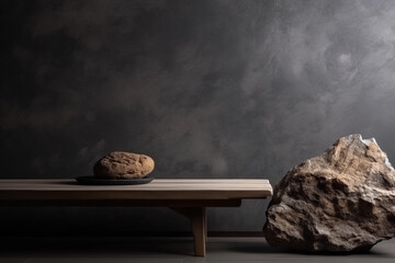 A table with a stone on it and a potato on it AI generation