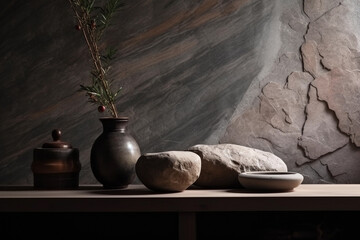 A table with rocks and vases on it and a stone on the wall. AI generation