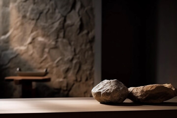 Two rocks on a table with a stone wall in the background AI generation