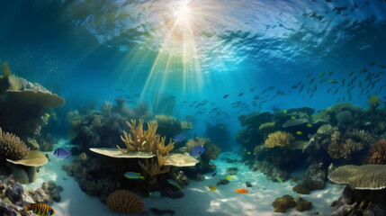 diving into a vibrant underwater world: exploring a colorful coral reef teeming with exotic fish, rays of sunlight filtering through the crystal clear waters. generative ai