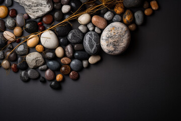 A collection of rocks and twigs are arranged on a black background. AI generation