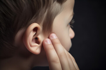 A boy with a finger on his ear AI generation - obrazy, fototapety, plakaty