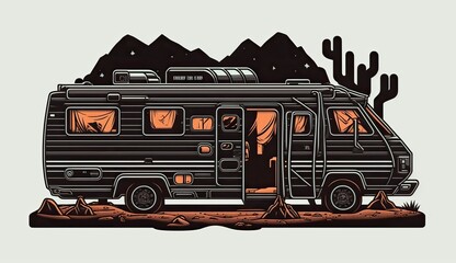 AI Generated. AI Generative. Generative AI. Vintage Retro camper rv home truck. Adventure trip journy motivational poster. Can be used for decoration and inspiration. Graphic Art