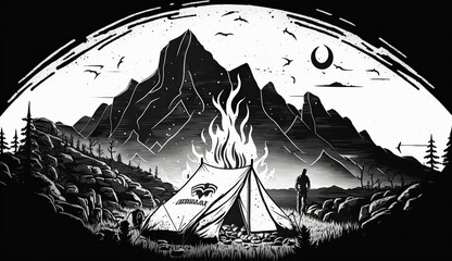 AI Generated. AI Geretative. Vintage Retro camping tent in engraving style. Adventure trip journy motivational poster. Can be used for decoration and inspiration. Graphic Art