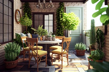 Fototapeta na wymiar patio with dining table, chairs and potted plants for relaxing and dining, created with generative ai