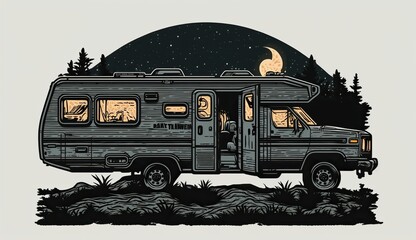 Obraz premium AI Generated. AI Generative. Generative AI. Vintage Retro camper rv home truck. Adventure trip journy motivational poster. Can be used for decoration and inspiration. Graphic Art