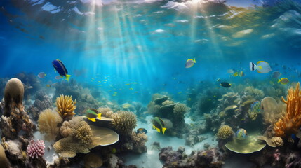 Obraz na płótnie Canvas diving into a vibrant underwater world: exploring a colorful coral reef teeming with exotic fish, rays of sunlight filtering through the crystal clear waters. generative ai