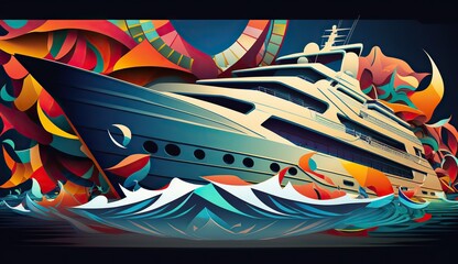 AI Generated. AI Generative. Low Polu geometric style ship big yacht. Can be used for graphic design or home decoration. Graphic Art