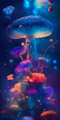 Neon Mushroom Illustration, Ai Generative