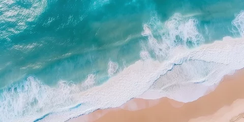 Vlies Fototapete Lachsfarbe Ocean waves on the beach as a background. Beautiful natural summer vacation holidays background. Aerial top down view of beach and sea with blue water waves