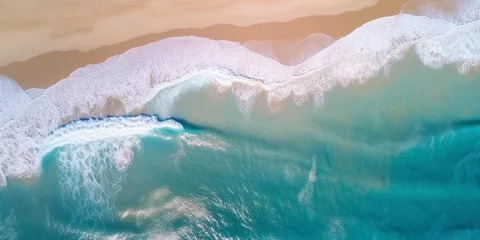 Stoff pro Meter Ocean waves on the beach as a background. Beautiful natural summer vacation holidays background. Aerial top down view of beach and sea with blue water waves © Aquir