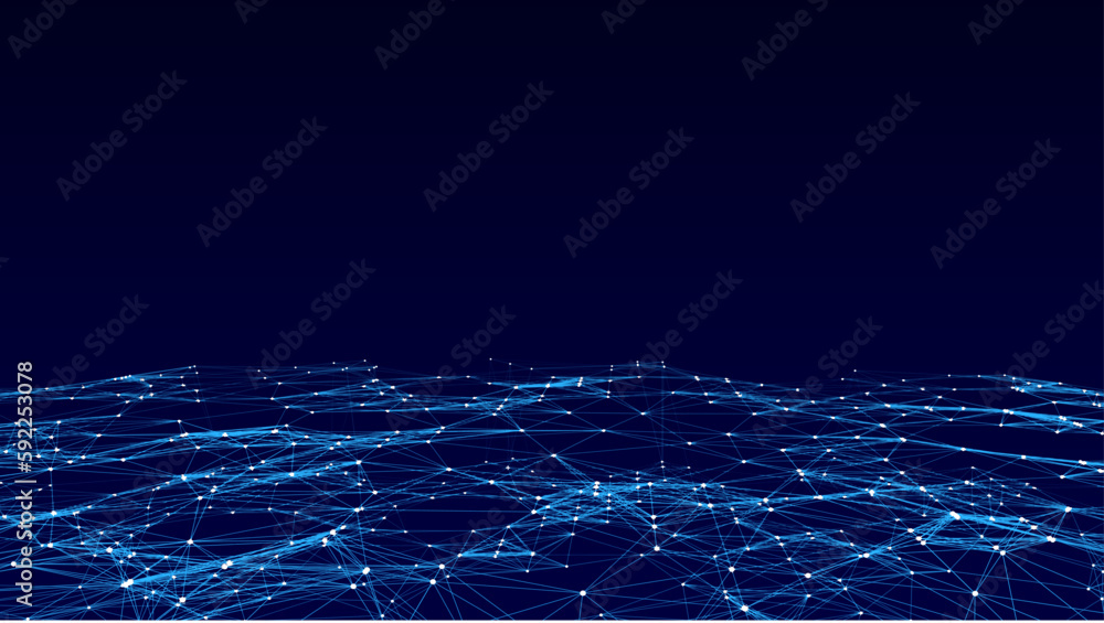 Poster futuristic moving wave. digital background with moving glowing particles and lines. big data visuali