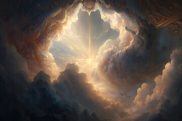 a view of the heavenly realm, with its expansive clouds and brilliant light, created with generative ai - obrazy, fototapety, plakaty