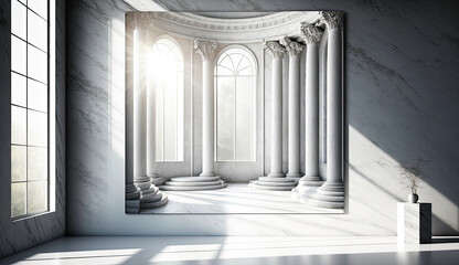 White Marble Luxury Modern Interior with Sunny Window and giant Poster with Columns on the Wall. AI generative