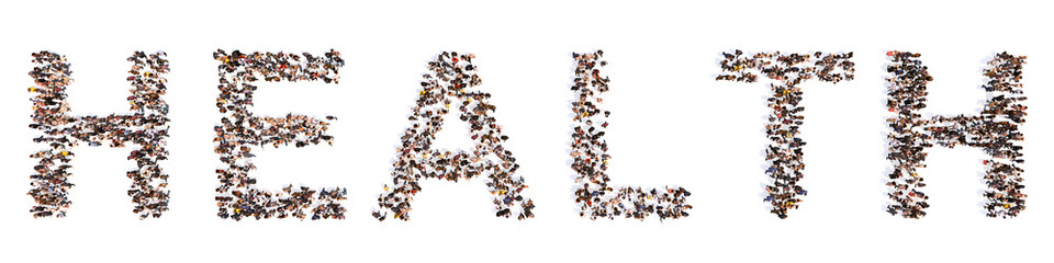 Concept or conceptual large community of people forming  HEALTH word. 3d illustration metaphor for medicine, therapy, nutrition and diet, wellness and sport, healthcare and psychology