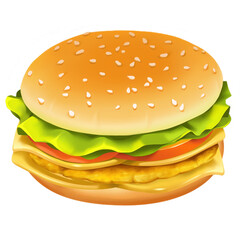 Burger with chicken, craft burger, cheese, vegetables and tomato, oil paint, digital paint, on white background. Street food, take-away, take-out. Fast food hand drawn digital illustration.