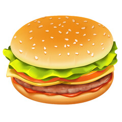 Burger with beef, craft burger, cheese, vegetables and tomato, oil paint, digital paint, on white background. Street food, take-away, take-out. Fast food hand drawn digital illustration.