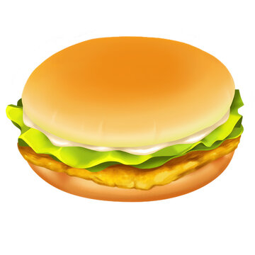 Burger with chicken, craft burger, vegetables, oil paint, digital paint, on white background. Street food, take-away, take-out. Fast food hand drawn digital illustration.