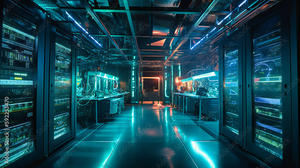 Poster a visually stunning and immersive glimpse into a state-of-the-art data center with abstract digital 