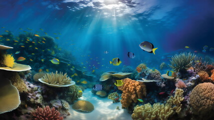 Naklejka na ściany i meble diving into a vibrant underwater world: exploring a colorful coral reef teeming with exotic fish, rays of sunlight filtering through the crystal clear waters. generative ai