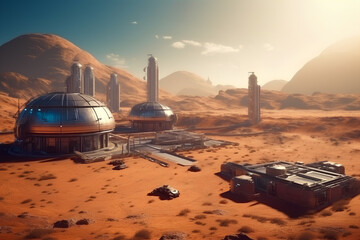 Fototapeta na wymiar A futuristic Mars colony with advanced habitats and infrastructure for sustainable living, Generative AI