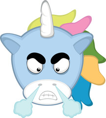 vector illustration face of a cartoon unicorn with an angry expression and fuming