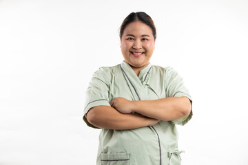 Arm crosses. Happy smiling asian women patient on white background. Fat and overweight obese woman