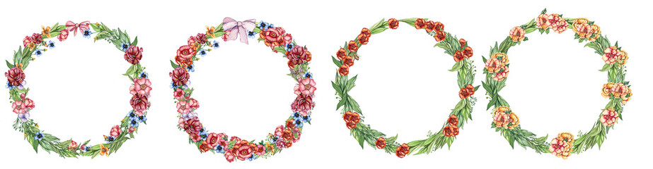 Spring flowers wreath set ,watercolor illustration for cards, backgrounds, scrapbooking. Cartoon hand drawn background with flower for kids design. Perfect for wedding invitation.