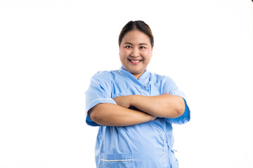 Arm crosses. Happy smiling asian women patient on white background. Fat and overweight obese woman