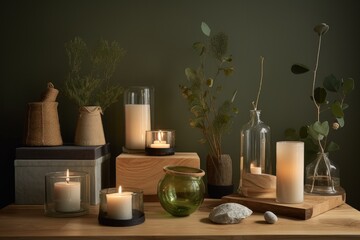 Sustainable Home: Eco-friendly home products like upcycled vases and recycled glass candle holders arranged on a wooden table.