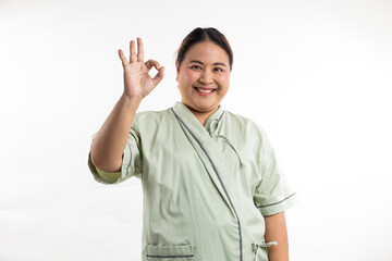 Asian female show ok sign. Happy smiling asian women patient on white background. Fat and overweight obese woman