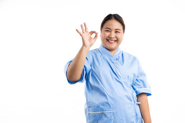 Asian female show ok sign. Happy smiling asian women patient on white background. Fat and overweight obese woman