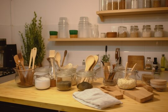 Zero-Waste Kitchen: Eco-friendly Kitchen Products Like Bamboo Utensils, Glass Containers, And Reusable Silicone Food Wrap, Arranged On A Wooden Countertop.
