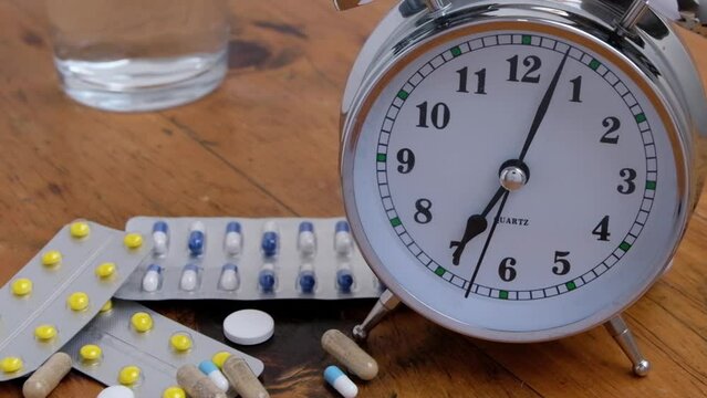 Alarm clock and medicine  on bedside table