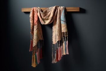 A photo of a scarf made from sustainable materials hanging on a hook.

