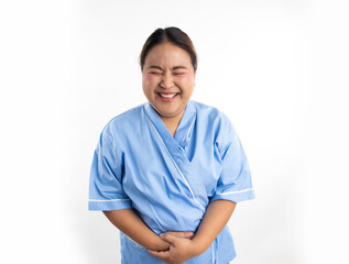 Female having stomach ache, bending and holding hands on belly. Stomach ache asian women patient on white background. Fat and overweight obese woman