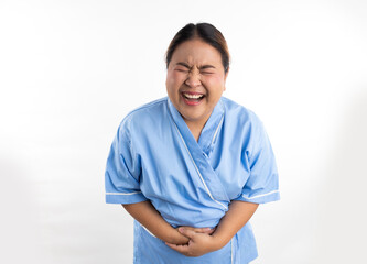 Female having stomach ache, bending and holding hands on belly. Stomach ache asian women patient on white background. Fat and overweight obese woman