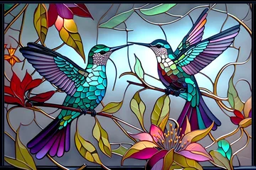 Papier Peint photo autocollant Coloré Stained glass hummingbird design - gernerative ai