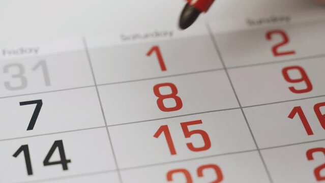 The 8th date on the calendar is marked with a bold red marker as an important date. Close-up.