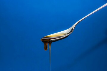 Spoon full of syrup isolated on a blue background