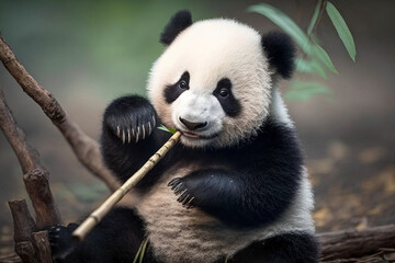 cute panda eats bamboo on a tree branch