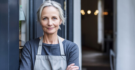 Smiling woman is standing at the entrance doors of her store. In the coffee shop, a cheerful middle-aged waitress is waiting for customers. Small business owner is standing at the entrance. digital 