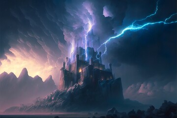 Fototapeta premium a wonderful picture of a dreamlike place, with a mountain, a castle, and a wonderful sky