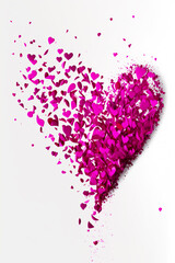 Heart made out of pink confetti on white surface with white background. Generative AI.