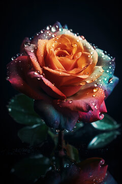 Beautiful rose with water drops on black background. Digitally generated AI image