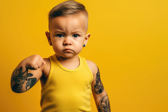 Small tattooed infant boy in a yellow singlet with a serious fighting face. Generative AI