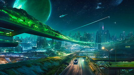 A spellbinding image of a futuristic city where residents travel in flying cars under the enchanting aurora borealis. - obrazy, fototapety, plakaty