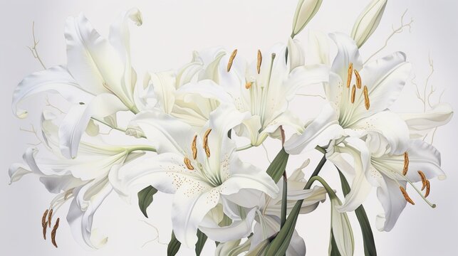 Beautiful Art Illustration of white lilies on white background. Lillies. White. Background. Close-up. Wallpaper, art, print, cards. Spring. Generative AI.